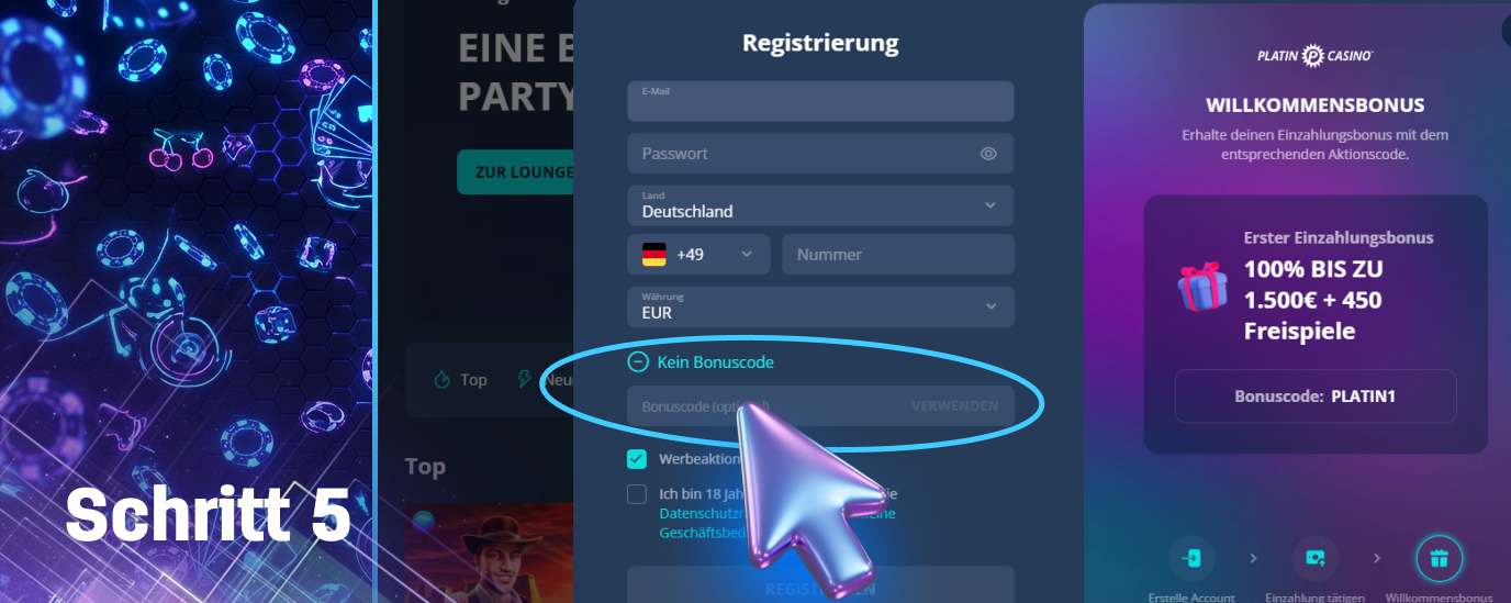 Sie können den Bonus nach der Registrierung im Platin Casino erhalten
