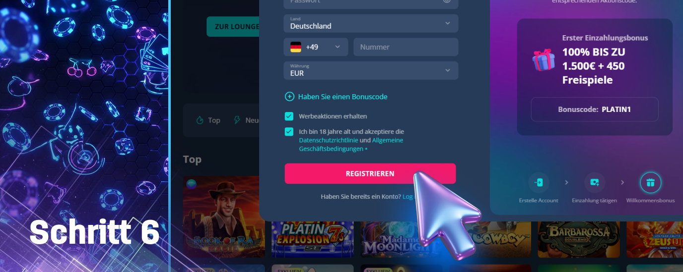 Klicken Sie auf die Schaltfläche, um die Registrierung im Platin Casino abzuschließen
